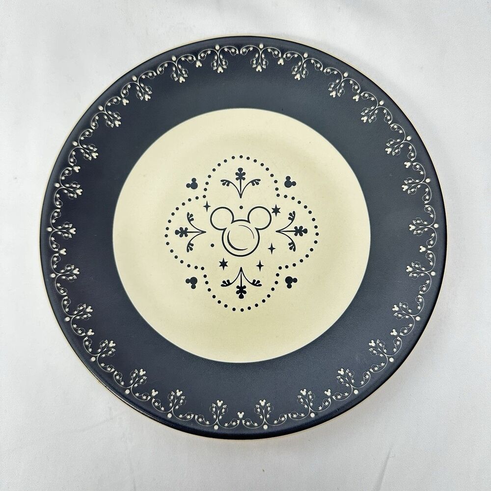 Disney Kitchen Mickey Salad Plate Black Scroll Hidden Mickey 7” HTF